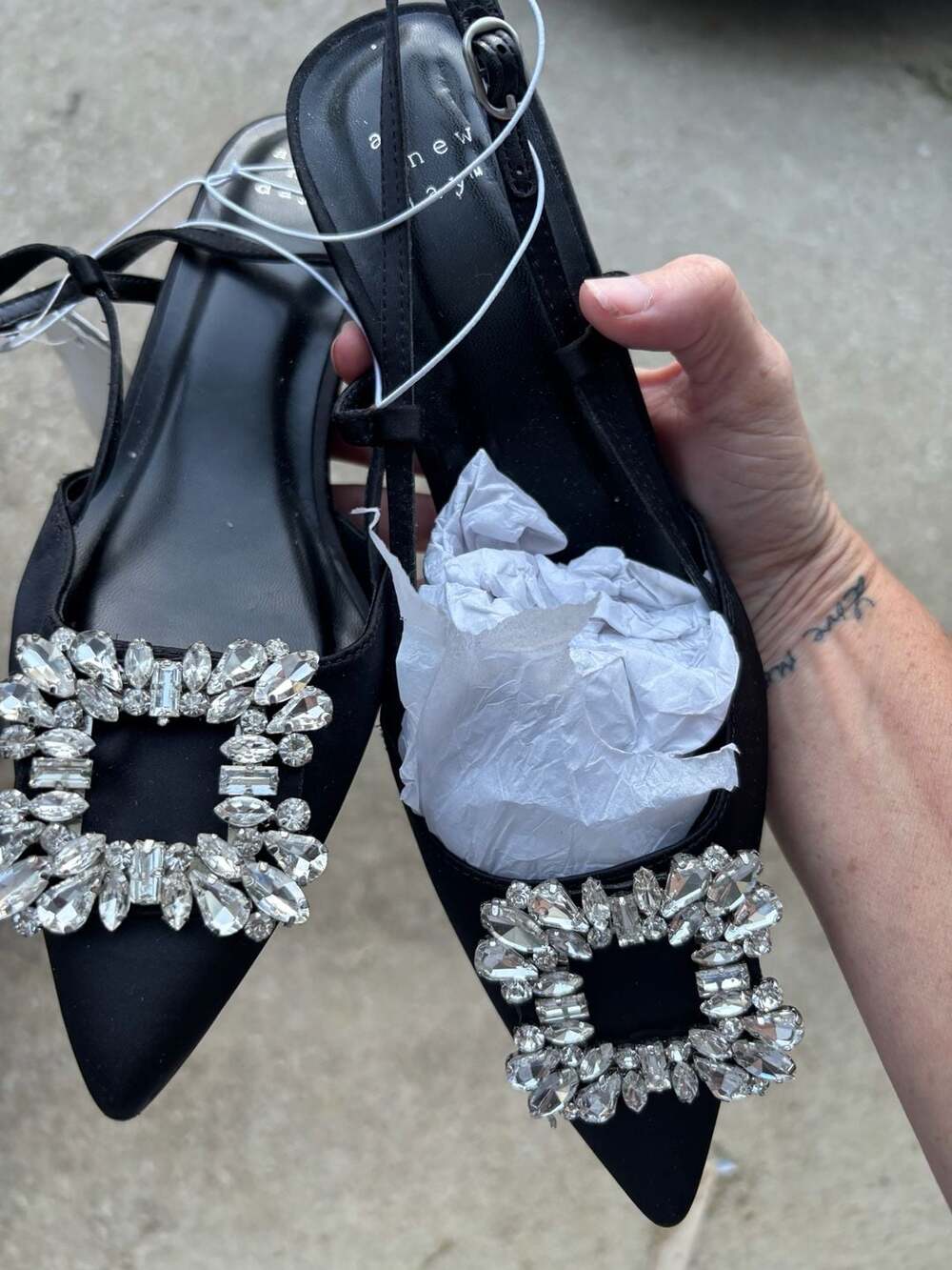 A New Day Jet Black Annette Satin Slingback Kitten Heels with Rhinestone Buckle